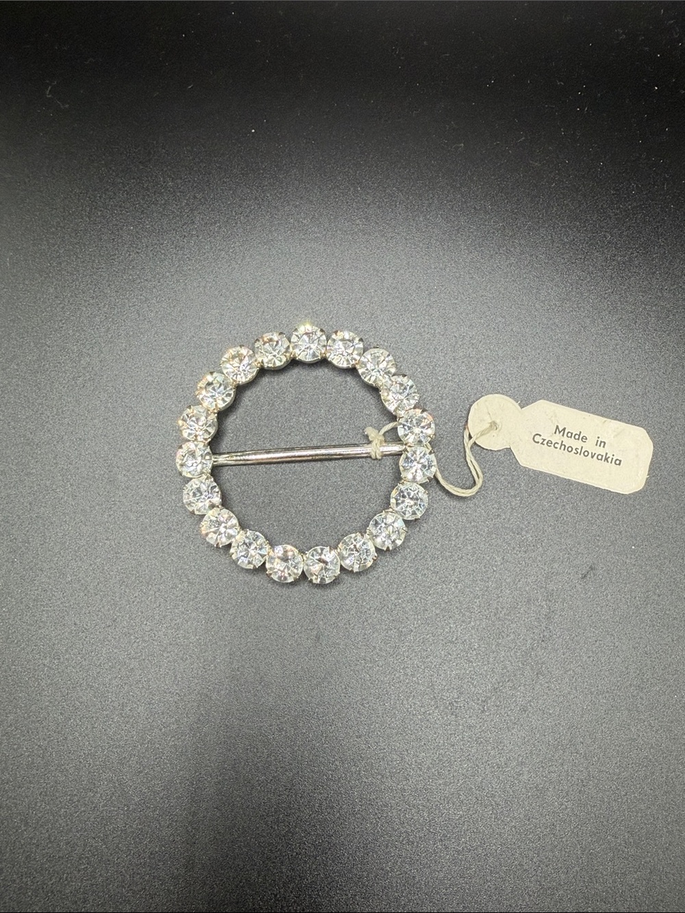 Vintage Czech Crystal Circle Brooch/Scarf Belt Slide – Clear Rhinestone Accent